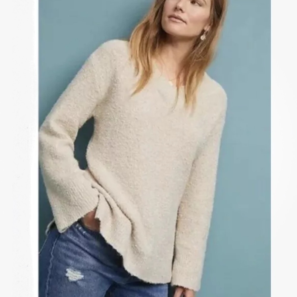 Anthropologie Medium Clayton Sweater ~ Beige Fuzzy V-Neck Wool Alpaca